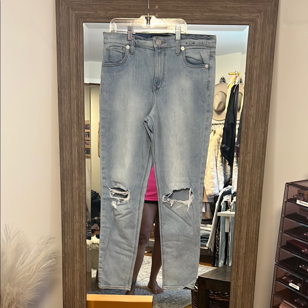 Express Blue Cropped Ankle Jeans with Distressed Details